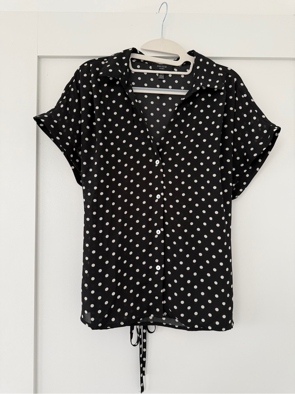 Have Black and White Polka Dot Short Sleeve Button-Up Blouse